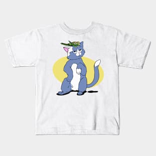 blue gray Cat and green yellow parrot friends Kids T-Shirt